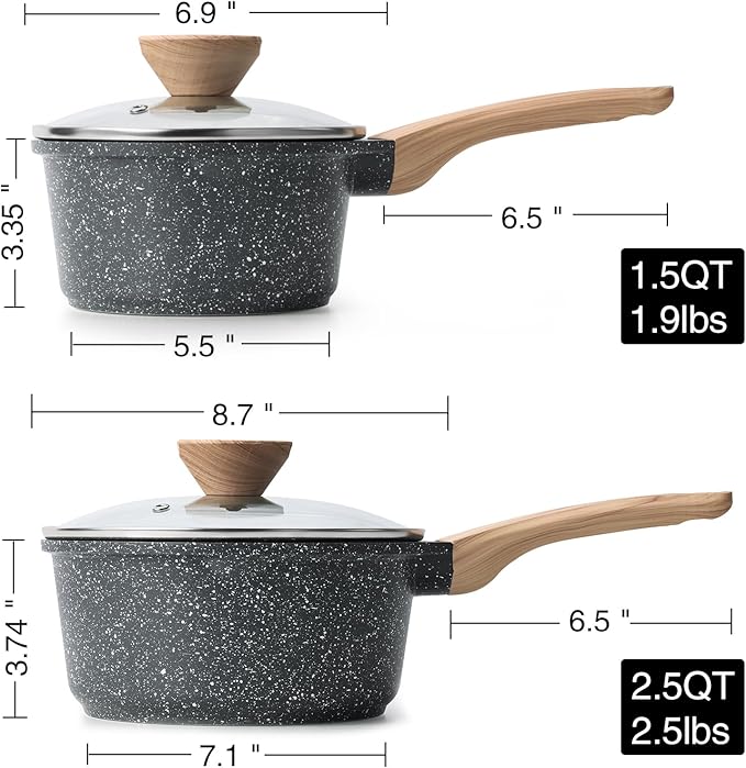 Sauce Pan Set with Lid, 1.5QT & 2.5QT Non Stick Small Pots with Granite Coating, Saucepan with Pour Spout, Multipurpose Induction Cooking Pans, PFOA/PFOS Free