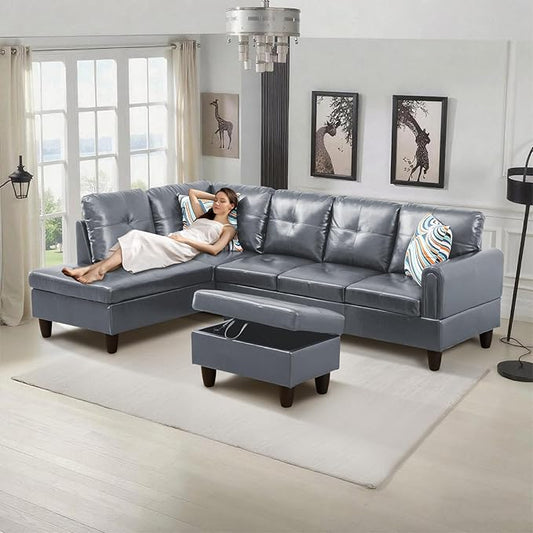 L-Shape 3-Piece Cloud Sofa, Couch for Living Room, Dark Grey Faux Leather L-Shape with Reversible Chaise & Storage Ottoman, Ergonomic 110–115° Recline, Solid-Wood Frame
