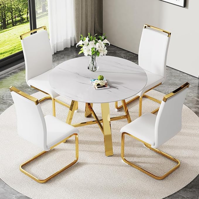 Modern Round Dining Table Set for 4, 42" Faux Marble Dining Room Table Set & Upholstered PU Leather Chairs, Comedor de 4 Sillas y Mesa