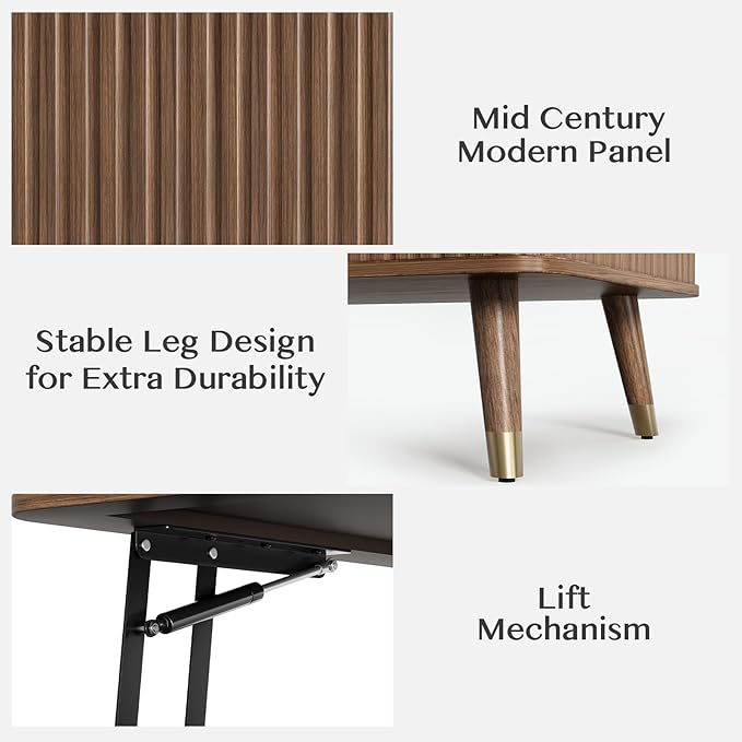 Lift Top Coffee Table, Mid Century Modern Coffee Table with Hidden Storage Compartment, 38" Fluted Center Table for Living Room, Home Office, Walnut