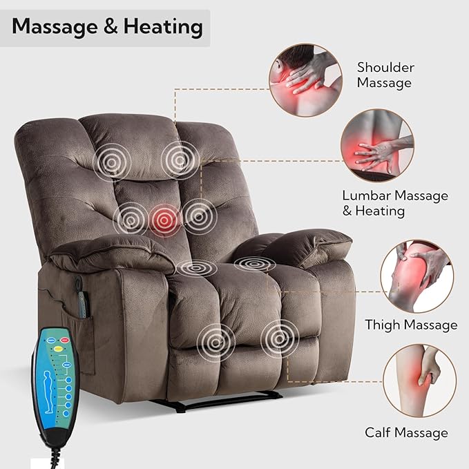 Oversized Power Recliner Chair with Massage and Heat, 41" Wide Electric Reclining Chairs with USB Port, Breathable Fabric Overstuffed Reclining Sofa for Living Room Bedroom (No Lift)