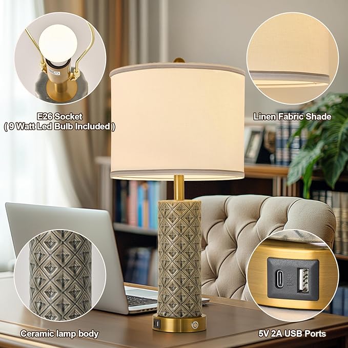 Set of 2 Table Lamp for Living Room Bedroom Farmhouse,26'' Touch Control Bedroom Smoke Grey Ceramic Lamps 3-Way Dimmable Bedside Lamps with USB A+C Ports Linen Shade for Home