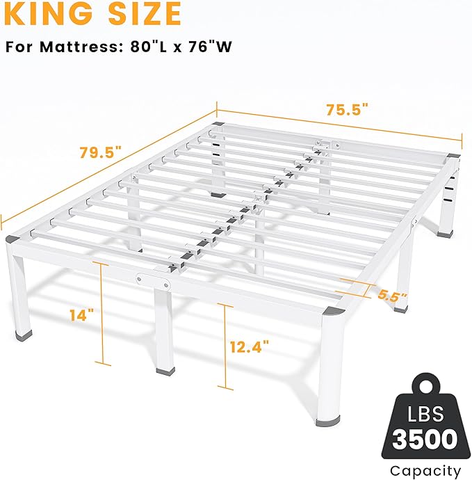 14 Inch King Bed Frame, Metal Platform Bed Frame with Round Corner Legs, 3500 lbs Heavy Duty Steel Slats Support, No Box Spring Needed, Noise Free, Easy Assembly, White