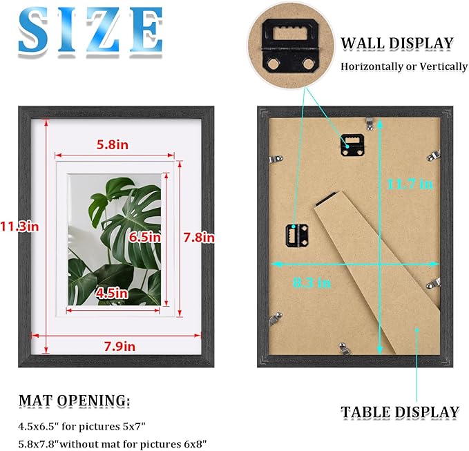 Egofine A4 Picture Frame Made of Solid Wood with Plexiglass, Display Pictures 4x6/6x8 with Mat or A4 Without Mat for Tabletop and Wall Mounting, Rustic Black