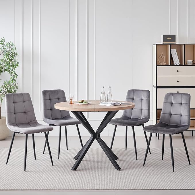 39" Round Dining Table Set for 4, Mid Century Kitchen Table with 4 Velvet Dining Chairs for Apartment Living Room Space Saving