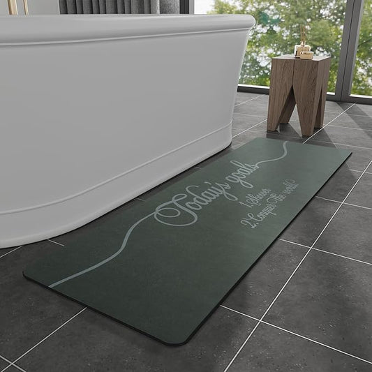 MontVoo -Bath Mat Rug- Non Slip Quick Dry Absorbent Thin Bathroom Rugs Fit Under Door-Faux Suede Surface Bathroom Floor Mats-Shower Rug for in Front of Bathtub Shower 17 X59 Green Text Pattern