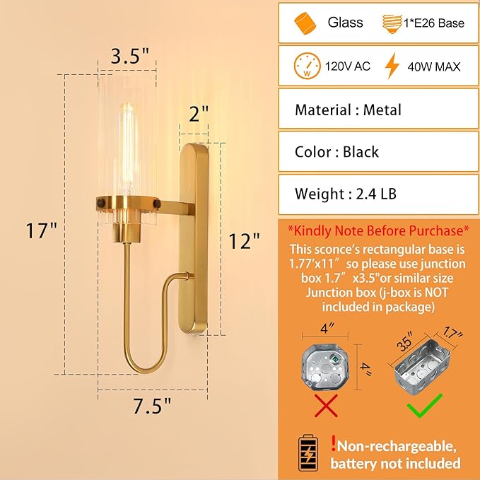 Gold Wall Sconces Set of 2, Modern Bathroom Lights with Clear Glass Shade, Indoor Farmhouse Wall Sconce for Living Room, Bedroom, Hallway, Vanity, Stairwell and Kitchen