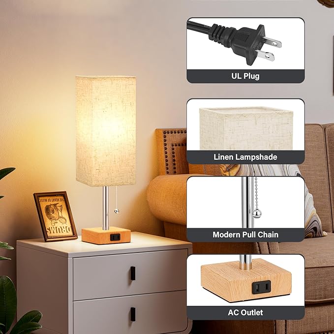 Table Lamp for Bedroom Set of 2 Nightstand - 3 Color Bedside Lamps with AC Outlets for Charging, Square Wooden Night Stand Light Lamp for Living Room, Office Desk