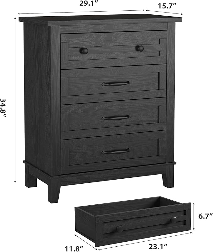 GarveeHome 4 Dresser for Bedroom, 34.8" Tall Vertical Drawer Dresser with Large Storage, Freestanding Wooden Closet Chest for Bedroom, Living Room, Black