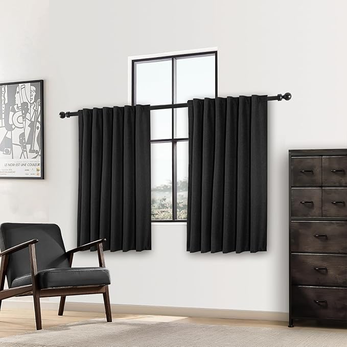 Short Curtains for Windows Bathroom, 100% Blackout Linen Boho Back Tab Pleated Cafe Curtains for Kitchen Bedroom, 45 Inch Length 2 Panels Set, Black