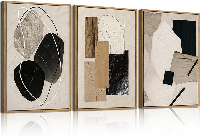 BINCUE Abstract Modern Wall Art Decor Framed Neutral Painting Prints Artwork for Living Room Bedroom 16x24 Inch Set of 3