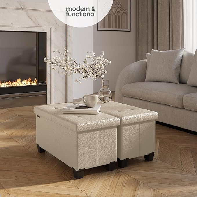 STORAGEBUD Storage Ottoman Bench with Bins, 30-in Storage Bench for Bedroom End of Bed, Folding Foot Rest Ottoman for Living Room Max 660lbs, Faux Leather Ottomans, Beige