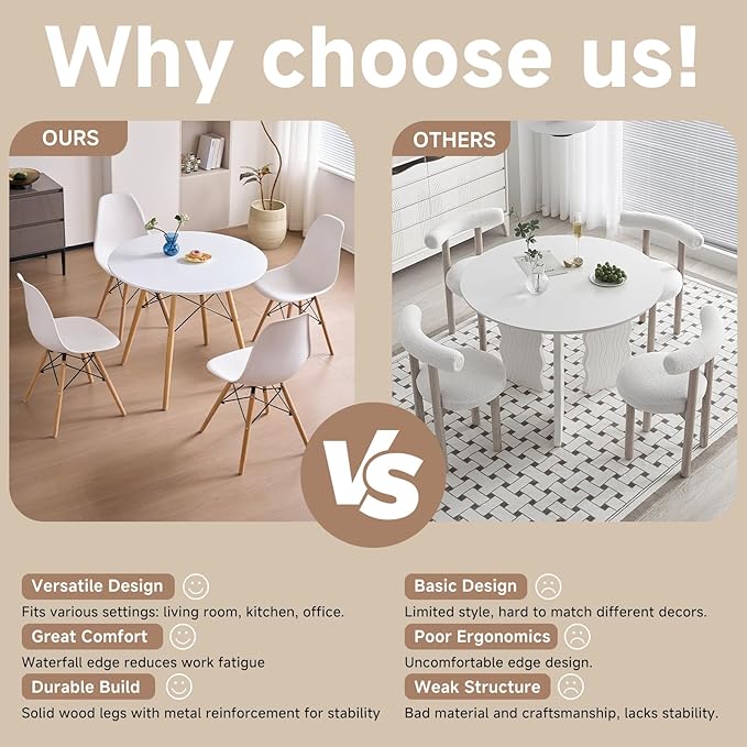 31.5'' 5 Piece Round Dining Table Set for 4, Mid-Century Modern Table with Chairs, Space Saving, Plastic Seats, Wood Legs, Circle Dinner Table for Kitchen, Home, Apartment, White