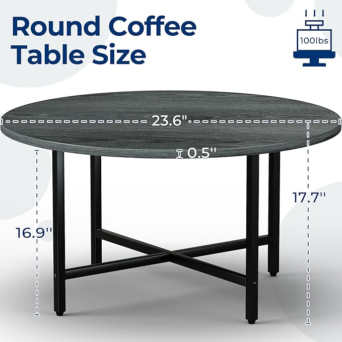 Round Coffee Table, 23.6" Small Coffee Tables for Living Room, Circle Coffee Table with Metal Frame, Floor Table Desk for Sitting on The Floor, Home, Office, Grey