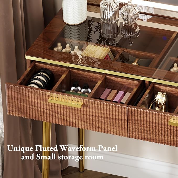 47.24" Big Modern Vanity Desk with Mirror and Lights,Makeup Vanity Desk with 5 Drawers and Storage Shelves & Power Outlet,Dressing Table with Glass Top, Brown