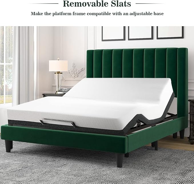 Allewie Queen Bed Frame/Velvet Upholstered Bed Frame with Vertical Channel Tufted Headboard/Strong Wooden Slats/Platform Bed Frame/Mattress Foundation/Box Spring Optional/Easy Assembly/Green