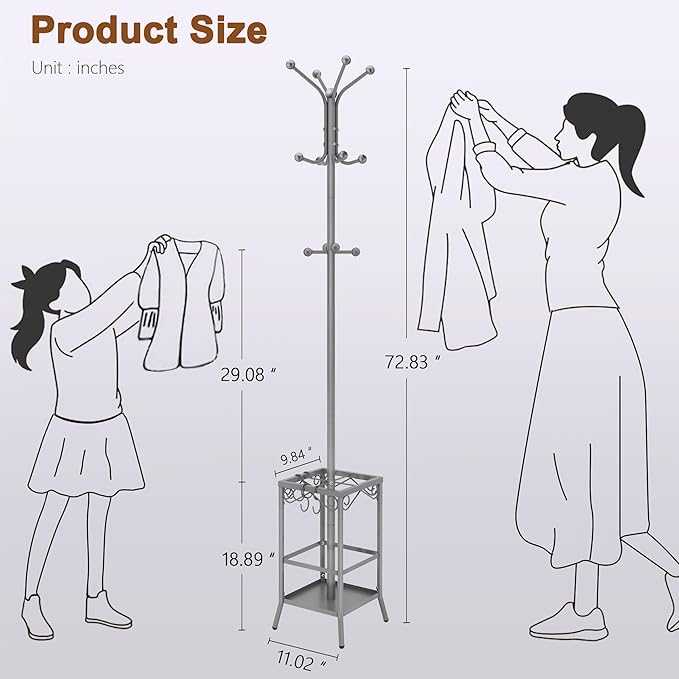 Hoctieon Coat Rack Freestanding With Umbrella Holder, Metal Coat Tree With 12 Hooks, Standing Hanger for Entryway, Hat Rack for Home Office, Gray