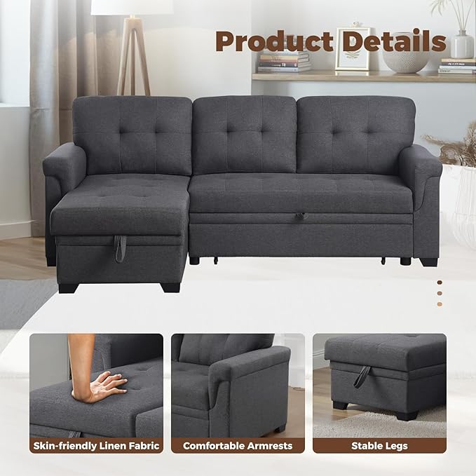 83 Inch L Shaped Modular Convertible Sleeper Sectional Sofa Bed with Storage Chaise and Pull-Out Bed, Linen Upholstered Reversible Corner Couch for Living Room, Home Furniture, Dark Gray