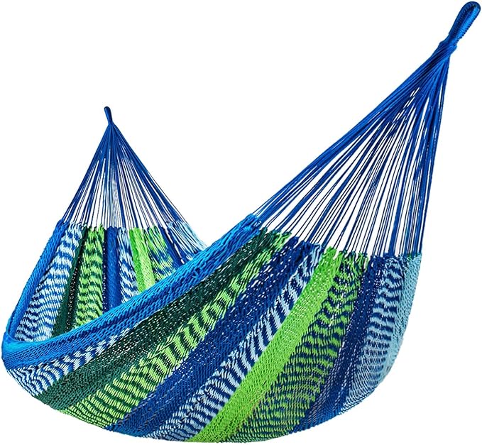 Lazy Daze Hammocks Handwoven Mayan Hammock, 10.5 FT Soft Rope Double Hammocks, Portable Outdoor Hammock with Carry Bag, 2 Straps & carabiners for Patio Outside, 550 lbs Weight Capacity, Blue/Green