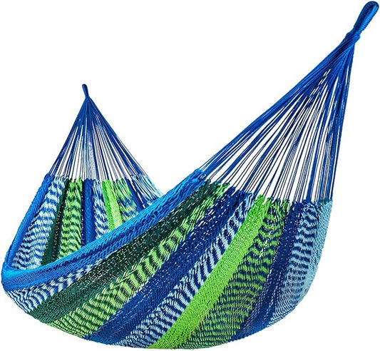 Lazy Daze Hammocks Handwoven Mayan Hammock, 10.5 FT Soft Rope Double Hammocks, Portable Outdoor Hammock with Carry Bag, 2 Straps & carabiners for Patio Outside, 550 lbs Weight Capacity, Blue/Green