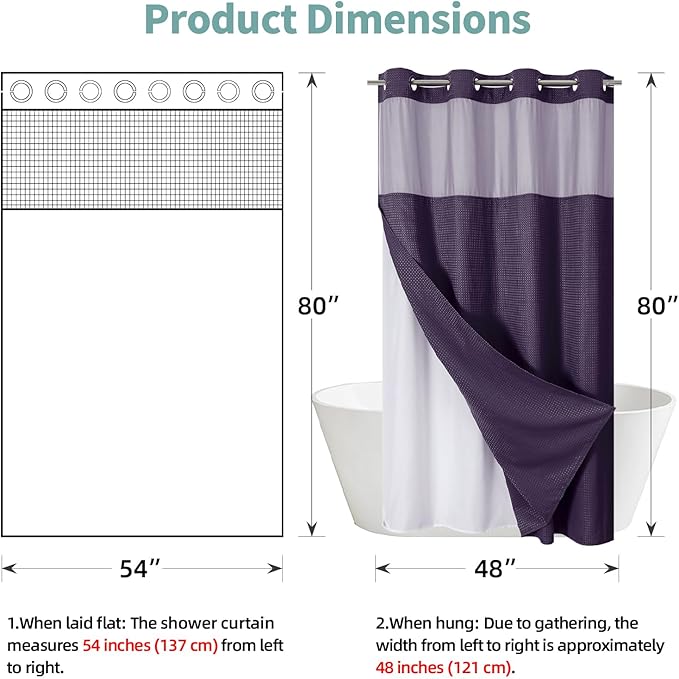 Purple No Hook Waffle Weave Shower Curtain with snap-in Liner Replacement, 230GSM Waterproof Fabric Hotel Shower Curtain Set for Bathroom, Through Mesh Top Window,54Wx80H