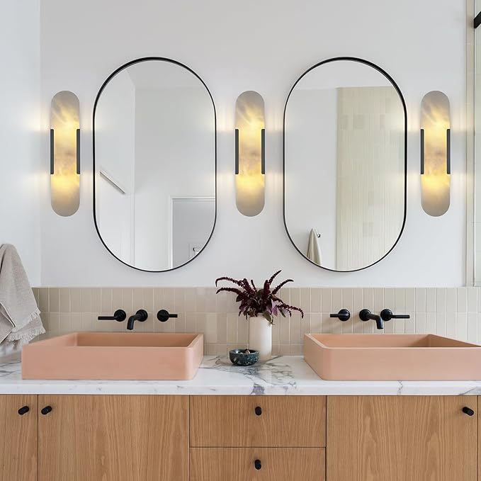 19.7in Matte Black Alabaster Wall Sconces, Natural Marble Wall Sconces Indoor Alabaster Sconces for Living Room Modern Alabaster Sconces Wall Lighting for Dining Room Stairs Bedroom