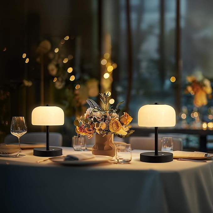 Oneach 2 Pack Cordless Table Lamps, 9" Portable Rechargeable Battery Powered Desk Lamp, Opal Glass Shade, 3 Level Brightness Dimmable, Mushroom Table Lamps for Bedroom, Living Room, Outdoor, Black