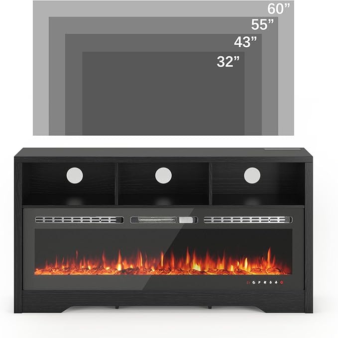CharaVector Fireplace TV Stand with 50" Glass Electric Fireplace,Entertainment Center with Power Outlets for Up to 65 inch TV，Black TV Cabinet with 3 Open Storage Cabinets, TV Console for Living Room