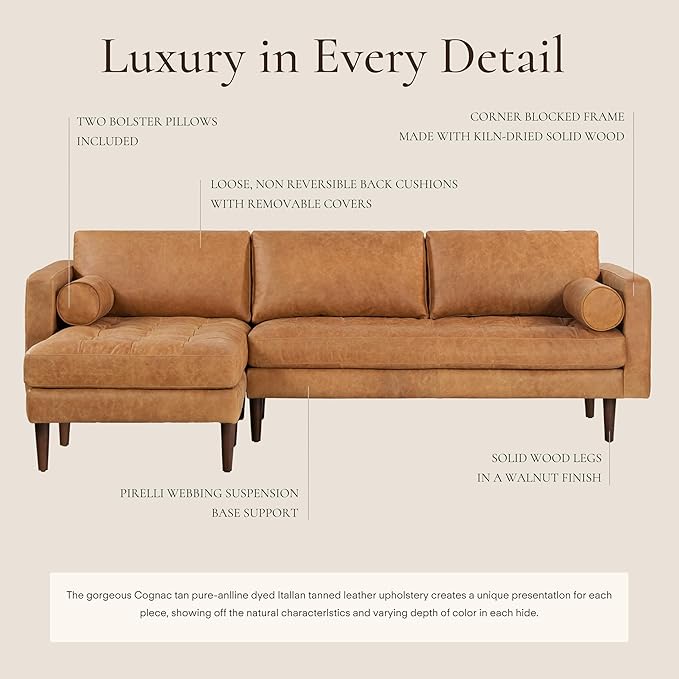 Poly & Bark Napa Leather Couch - Left Facing Sectional Sofa with 2 Bolsters - Full-Grain Leather Sofa for Living Room with Feather-Down Topper - Corner Couch - Vintage Italian Leather in Cognac Tan