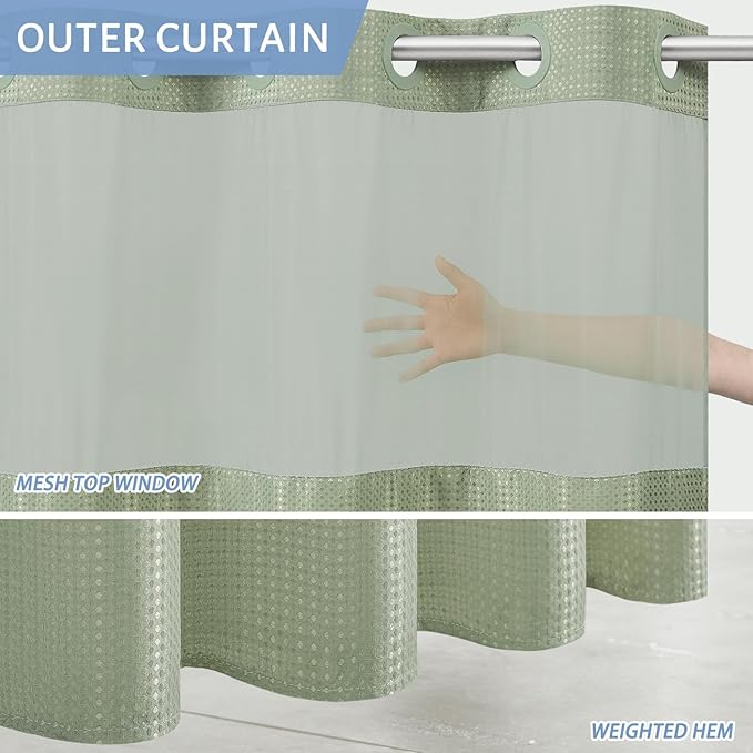 Furlinic Waffle Weave No Hook Shower Curtain with Snap in Liner,Honeycomb Textured Bathroom Curtains with See Through Top Window,Waterproof & Machine Washable,Hotel Quality,Sage Green,71x84 Inch