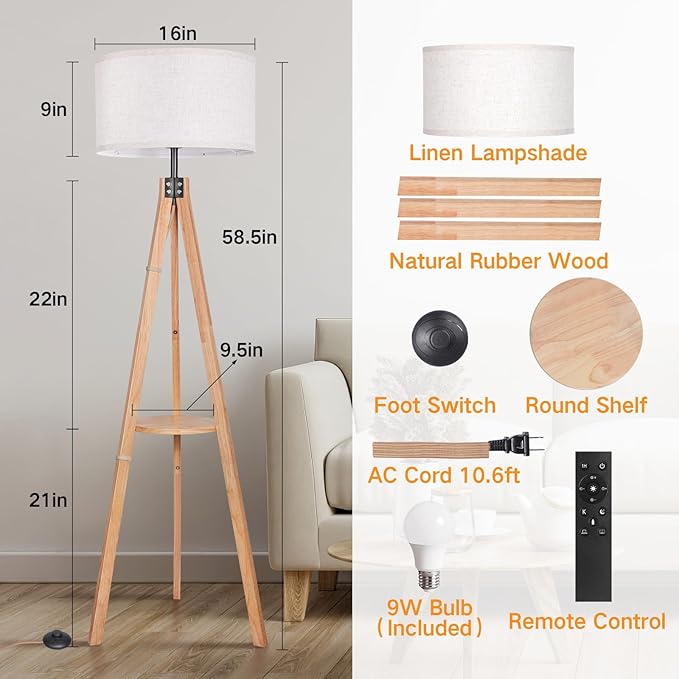 OUTON Dimmable Wood Tripod Floor Lamp with Shelves, Remote Control, Mid Century Modern Standing Lamp 58.5" for Bedroom, Living Room, and Office, Flaxen Lamp Shade Include E26 9W Bulb
