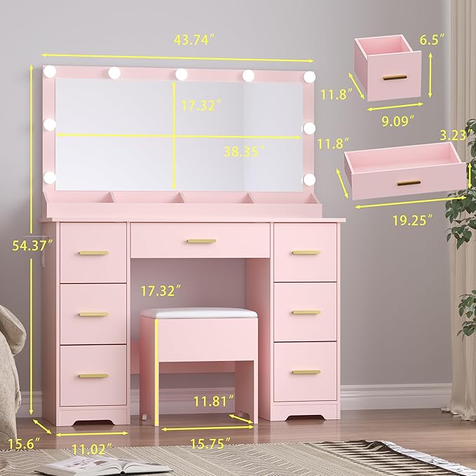 Makeup Vanity with Large Lighted Mirror and Chair, 7 Drawers Vanity Makeup Desk Table with Power Strip, Adjustable Lighting, and Cushioned Storage Stool for Women, Girls
