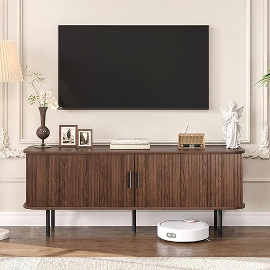 55" Mid Century Modern Fluted TV Stand for TVs up to 65 Inch, Gaming Entertainment Center with Tambour Slatted Sliding Doors, Media TV Consoles Table for Living Room, Walnut