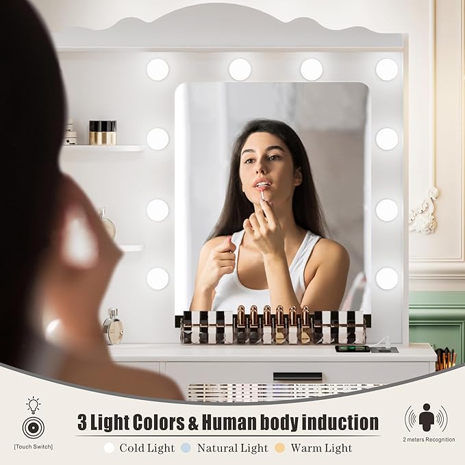 HWB Makeup Vanity Desk with Mirror and Lights,Vanity Table with 5 Drawers&2 Shelves,Vanity Set for Bedroom,Dressing Table with 10 Light Bulbs,Desk Vanity with USB Port&Human Sensor Design,White
