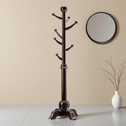 Hall Tree, Freestanding Wood Tree Rack with 7 Hooks, Coat Rack with Stable Sphere Base, Wooden Coat Rack Stand, Load 210 lb, Coat Hanger Stand for Entryway, Hallway, Bedroom (Black-Red)