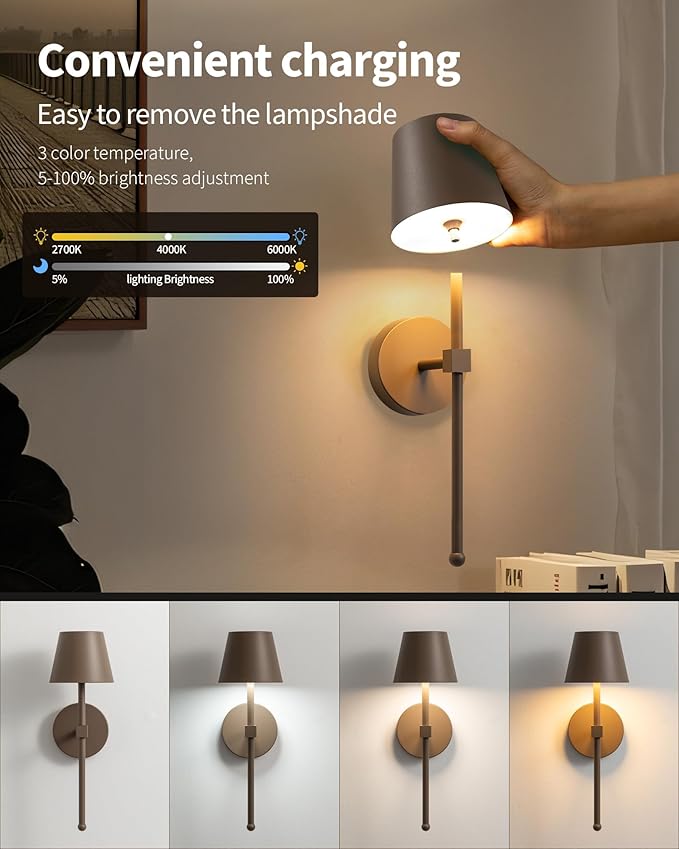 KDG Cordless Wall Sconces Set of 2, Wireless 5200mAh Rechargeable Battery LED Wall Lamps, Wall Lightings for Wall Painting, Outdoor, Garden, Living Room, Bedside, Hallway, Gifts, Night Light (Brown)
