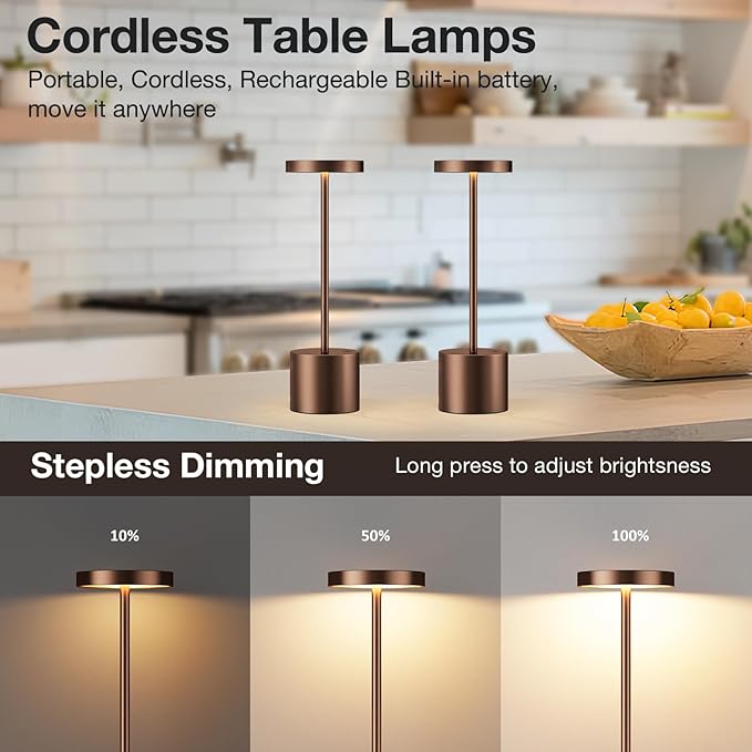 Kakanuo Brown Cordless Lamp Set, Rechargeable Lamp, 3 Color Temperature, LED Outdoor Wireless Lamps, Battery Operated Lamps, Stepless Dimmable, Touch Control