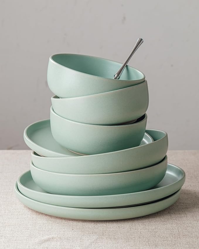 Famiware Milkyway Plates and Bowls Sets, 12 Pieces Dinnerware Sets, Reactive Glaze Dish Set, Stoneware Dishes Set for 4, Light Green