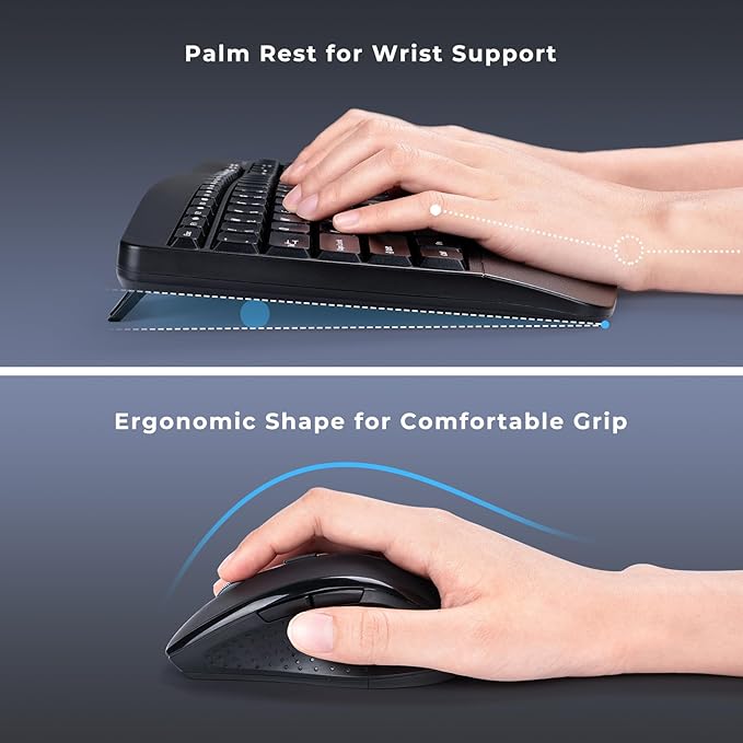Ergonomic Keyboard and Mouse Combo, Full Size Cordless Computer Keyboard with Palm Wrist Rest Ergonomic Mouse for Windows Computers Laptops - Black