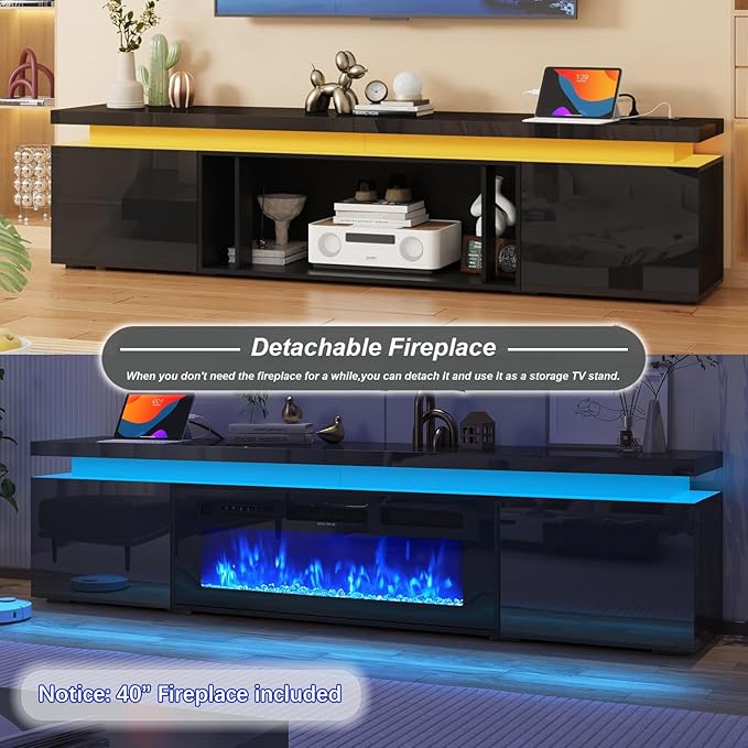 Fireplace TV Stand for 95" TV, 83" LED TV Stand with 40" Electric Fireplace & Power Outlet, High Gloss Surface, 2 Storage Cabinet, Modern Style (83 Inch, Black