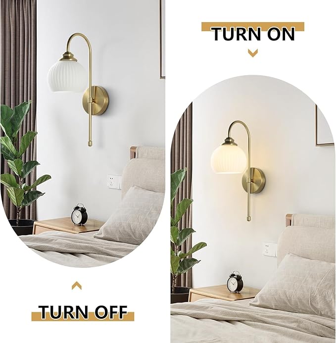 KCO Lighting 1-Lighting Milk Ribbed Glass Wall Sconce Indoor Gold and White Wall Sconce Minimalist Slim Long Sconces Brass Hallway Wall Light Fixtures Globe Vanity Lights for Bathroom Bedroom