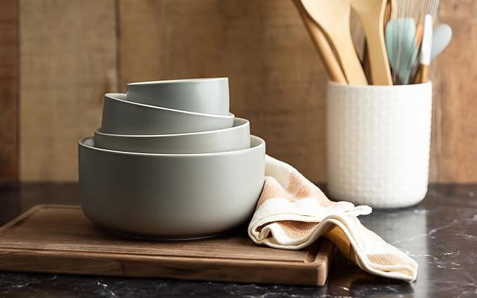 KooK Ceramic Mixing Bowls, Nesting Bowls, Set of 4, Kitchen Bowls, Prep, Serving, Gift, Microwave and Dishwasher Safe, 10/16/29/47 oz, (Grey)