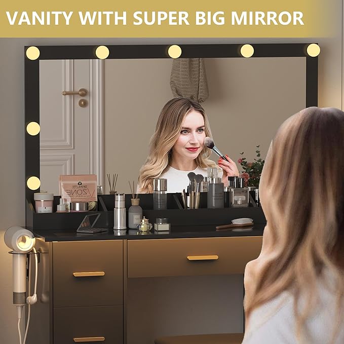 Makeup Vanity Desk with Large Lighted Mirror and Lights, Glass Top Vanity Table Set with 7 Drawers, Power Outlet & Storage Stool, Dressing Table with RGB Ambient Light for Women Girls Bedroom, Black