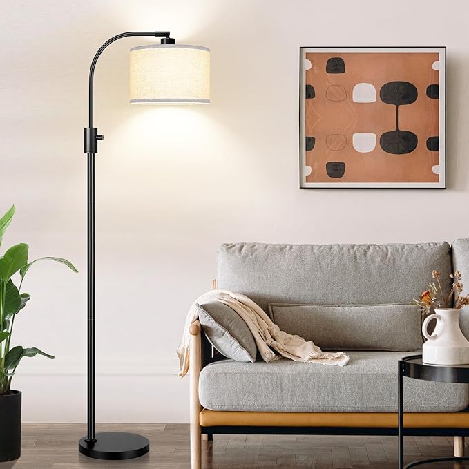 [Upgraded] Dimmable Black Floor Lamp, 1200 Lumens LED Edison Bulb Included, Arc Floor Lamp for Living Room Modern Standing Tall Floor Lamps with Linen Shade for Bedroom Office Reading Room Nursery