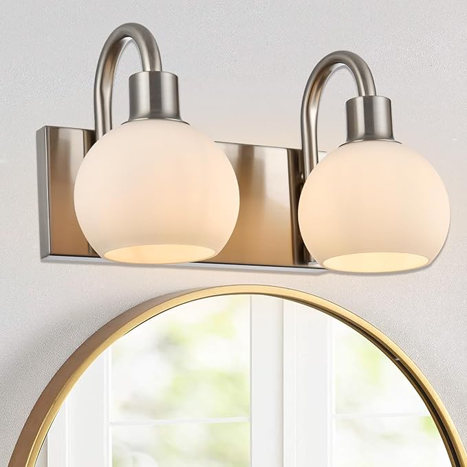 12.2 Inch Wall Sconce Lighting in Brushed Nickel, 2-Light Bathroom Light Fixtures Over Mirror for Bedroom Living Room Hallway, Modern Vanity Lights with Milk White Globe Glass Shade