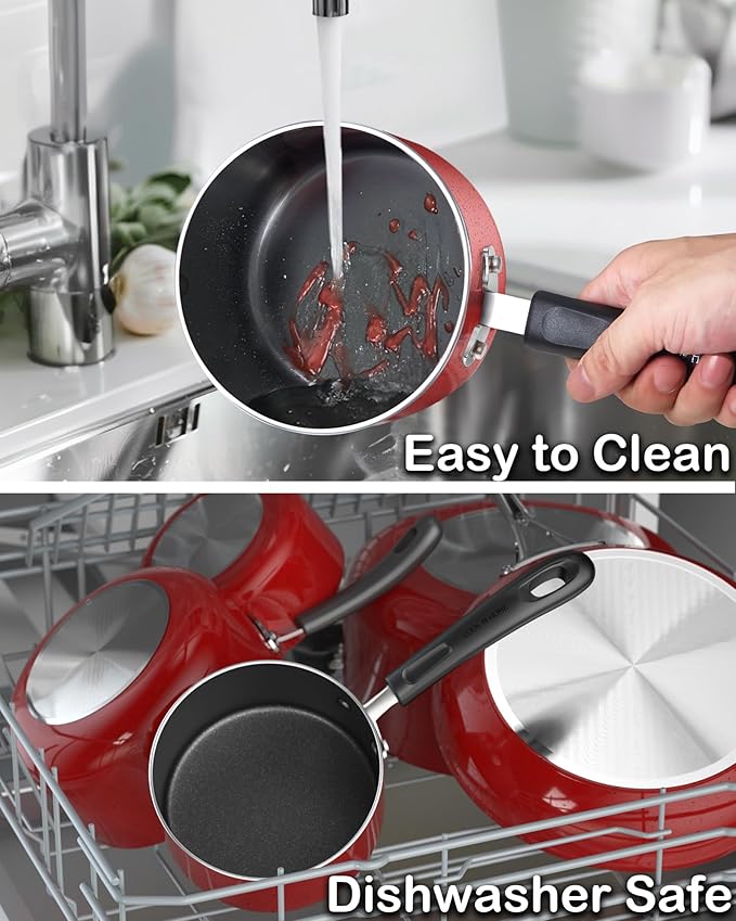 Cook N Home Non Stick Sauce Pan, 3 Quarts Saucepan with Glass Lid, Nonstick Small Multi-purpose Pot, Milk Chocolate Aluminum Cooking Pot Pan with Stay-Cool Handle, Marble Red