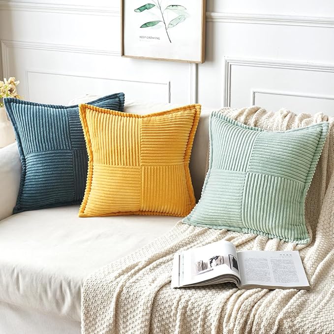 MIULEE Decorative Throw Pillow Covers for Couch Bed Livingroom 18x18 Inch Set of 2 Mint Green Boho Accent Throw Pllows Broadside Striped Patchwork Soft Corduroy Summer Pillowcases