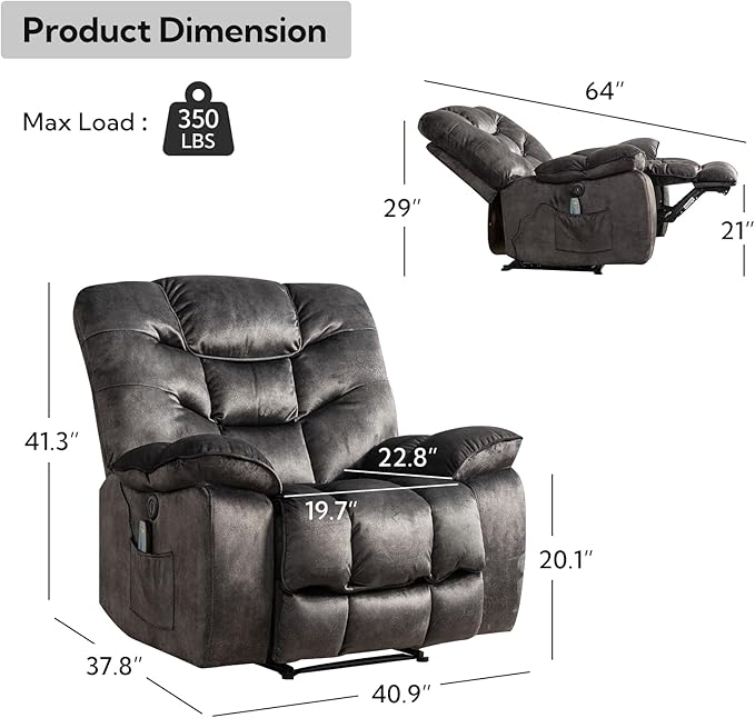 Oversized Power Recliner Chair with Massage and Heat Set of 2, 41" Wide Electric Reclining Chairs with USB Port, Breathable Fabric Overstuffed Reclining Sofa for Living Room Bedroom