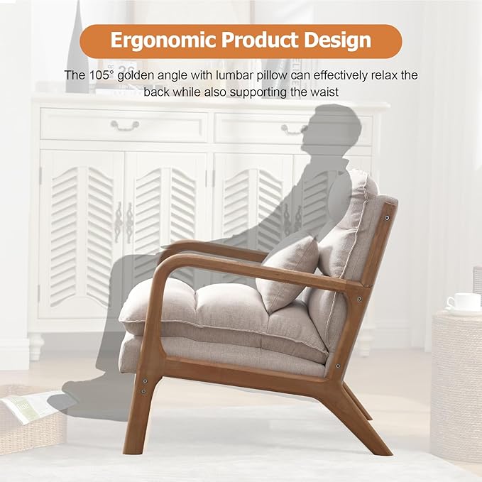 INZOY Accent Chairs Set of 2, Mid Century Modern Accent Chair with Wood Frame, Upholstered Reading Armchair with Waist Cushion, Side Chair for Living Room Bedroom Office, Easy Assembly, Beige