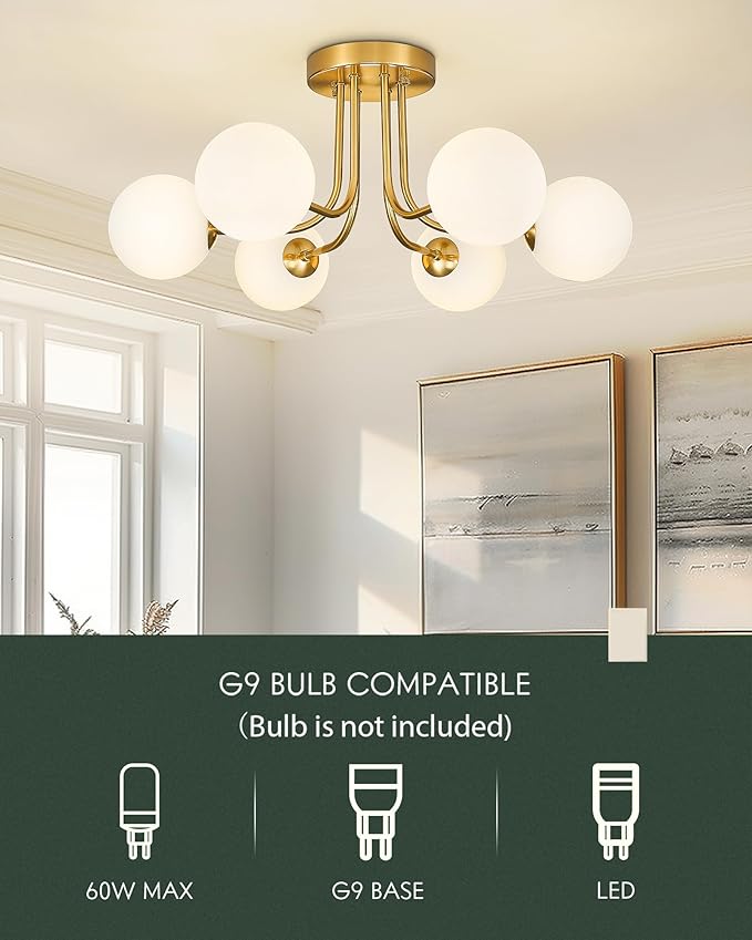 Gold Flush Mount Ceiling Light in Modern Farmhouse Design Features 6 Frosted Glass Shades, Perfect for The Living Room, Bedroom, Or Dining Room. Model:CKCL4845-6W-PG